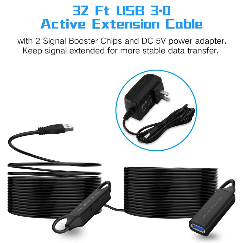 RSHTECH USB 3.0 Active Extension Cable 32 Feet with 5V 2A Power Adapter, USB 3.0 Extender Male to Female Cord with Built-in Signal Booster Chips for Xbox, PS4, USB Printer, Mouse, Keyboard, etc 32ft/10M+5V 2APower adapter