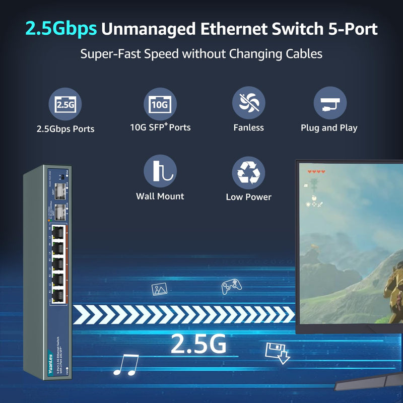 7 Port 2.5G Unmanaged Ethernet Switch, 5 x 2.5G Base-T Ports, 2 x 10G SFP, Compatible with 100/1000/2500Mbps, VLAN, Fanless, Desktop/Wall Mount YuanLey 2.5Gbe Network Switch for Wireless AP, NAS, PC 5 Port 2.5G + 2x 10G SFP+