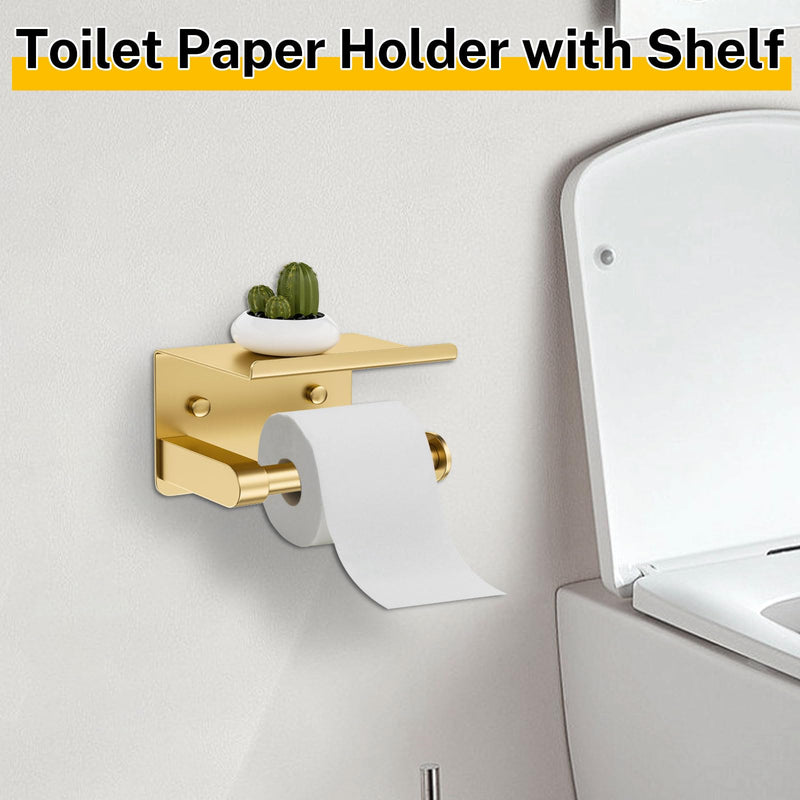 Brushed Gold Bathroom Hardware Set 5 Pieces Towel Bar Set Round Towel Holder Set for Bathroom,Upgraded Toilet Paper Holder with Shelf,Stainless Steel Wall Mounted 23.6 Inch