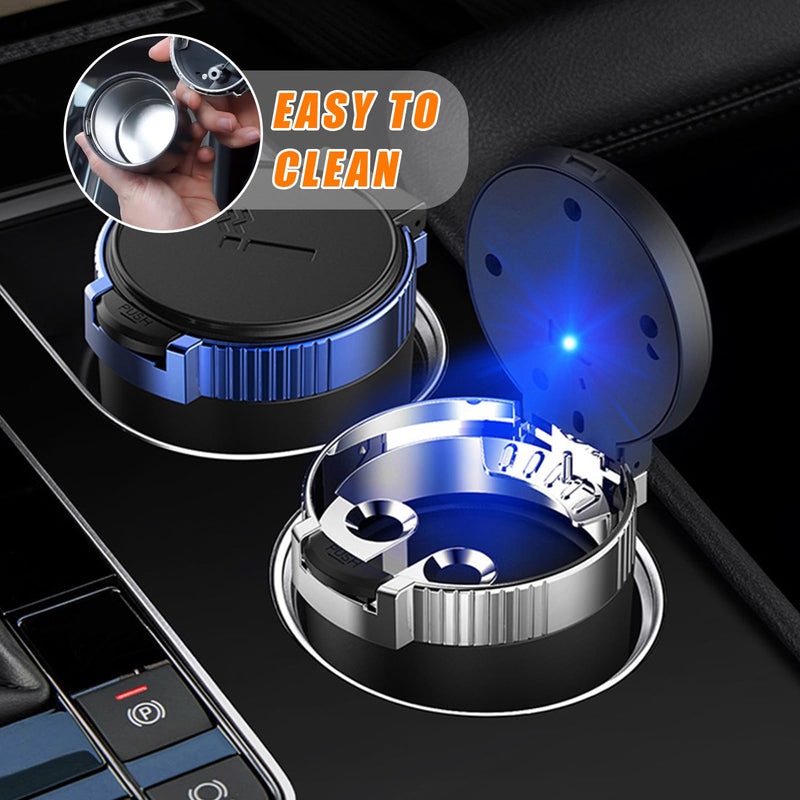 Kewucn Car Ashtray with Lid, Portable & Detachable Smokeless Ashtray, Mini Vehicle Stainless Steel Trash Can with LED Blue Light, Universal Accessories Fits Most Auto Cup Holder (Blue)