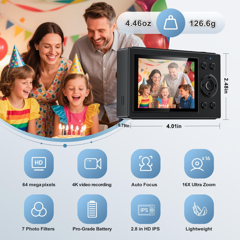 S1 Digital Camera for Kids & Beginners, Autofocus Point and Shoot Camera with IPS Screen, 16x Zoom, Macro, Lens Filters, Self Timer, 32GB Card Included - Black (Digital 4K UHD 1080P FHD)