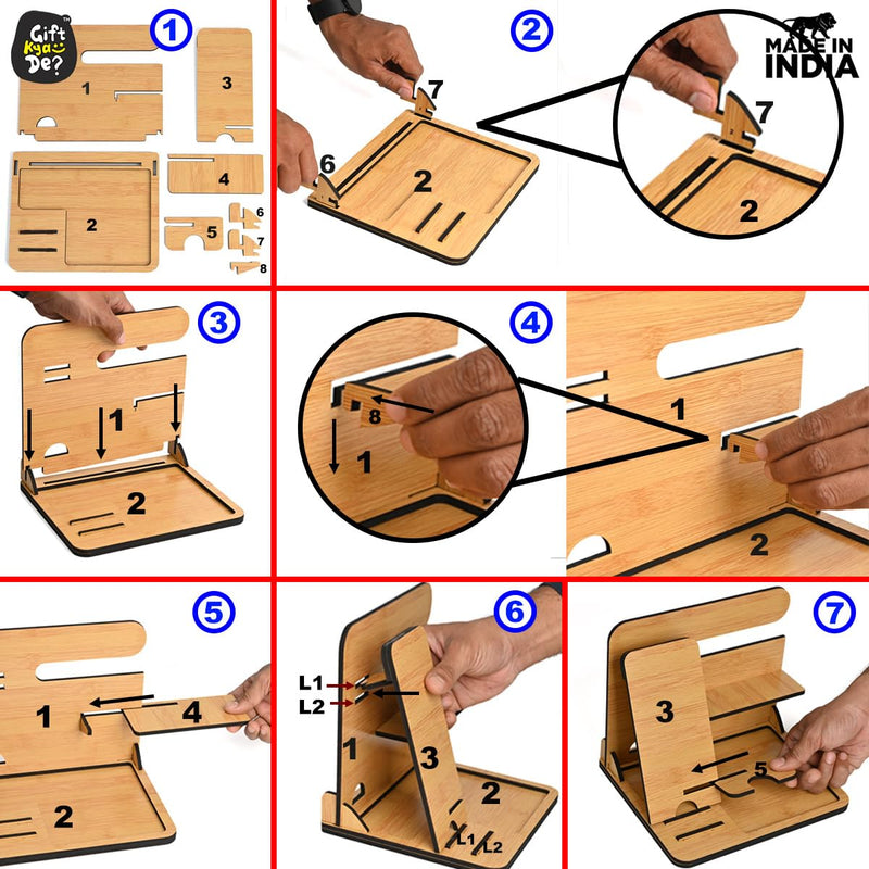 Gkd Desk Organizer & Docking Station (6 In 1) With Mobile Stand Gift For Him Gift For Husband Gift For Brother Table Organizer (Bamboo) Gift Kya De (Eco Friendly)