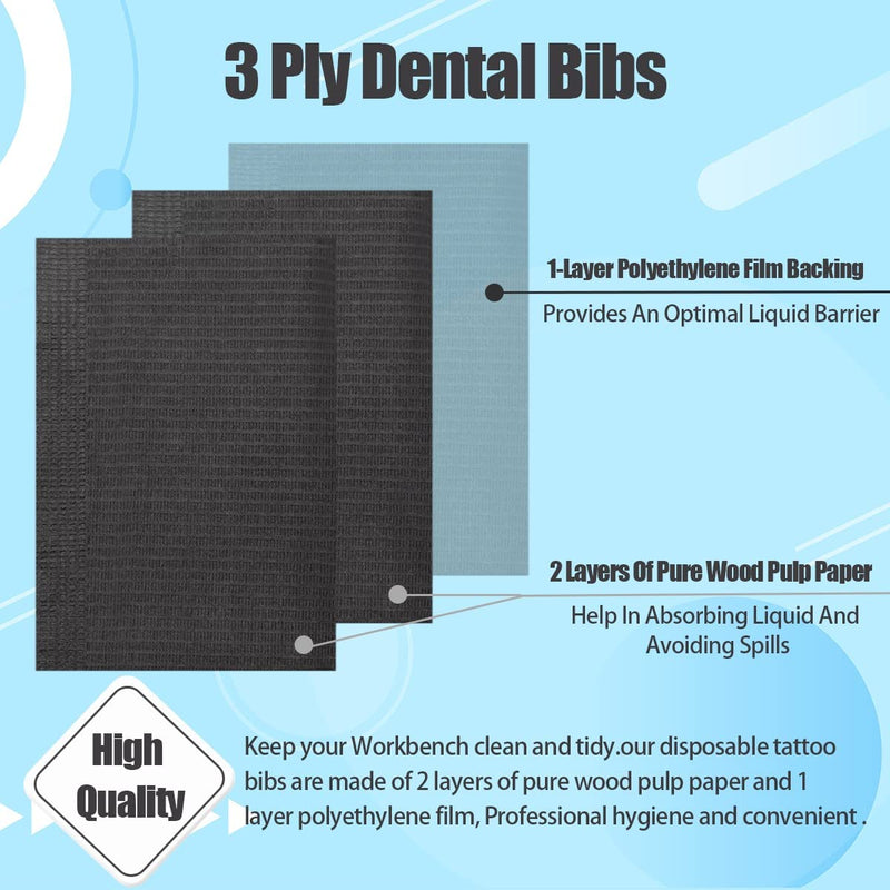 125 Pcs Disposable Patient Dental Tubes, 13"x18", 3-Ply Waterproof Piercing Tattoo Paper Napkin Cloth for Dental Clinic, Tattoo Station and Salon (Black) Black