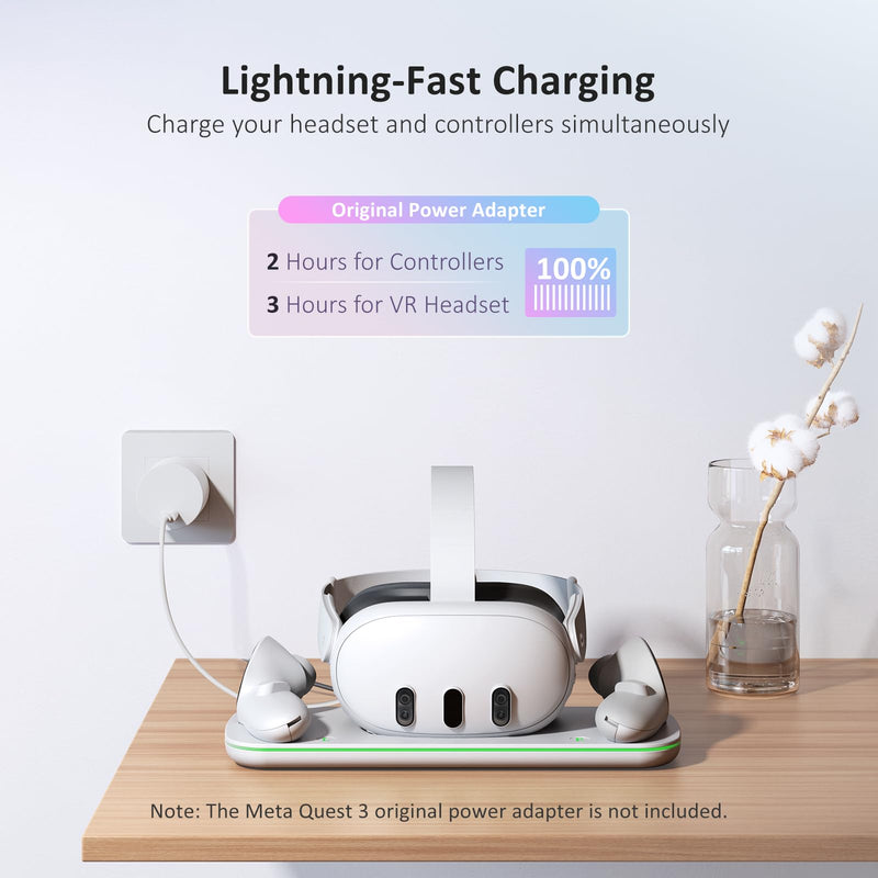 NexiGo Charging Dock (Gen 5) for Meta Quest 3, VR Charging Station with LED Light [On/Off] for Oculus Quest 3, Charger Display Stand with 2 Rechargeable Batteries, USB-C Cable, White Quest3