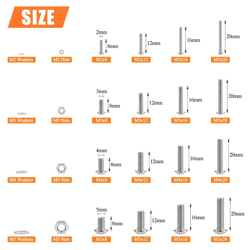 HELIFOUNER 1280 Pieces M2 M3 M4 M5 304 Stainless Steel Button Head Socket Cap Metric Screws Bolts Washers Nuts Hardware Assortment Kit with Hex Wrenches M2 M3 M4 M5 Button Head Socket Cap Screws Silver