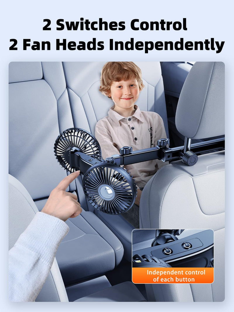 Dual Head Car Cooling Fan for Back Seat with Extension Long Arm, 5V Usb Powered Car Seat Headrest Fan for Baby Rear Facing 360°Rotatable, Summer Car Accessories Cooler for Sedan Suv Rv Truck USB Powered-Long Arm