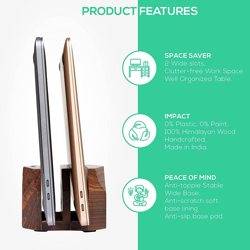 Premium Vertical Laptop Stand – Wooden Dock for MacBook & Laptops | Dual Dock Slot | Ergonomic Desktop Holder & Space-Saving Office Desk Accessory (Indian Rosewood)