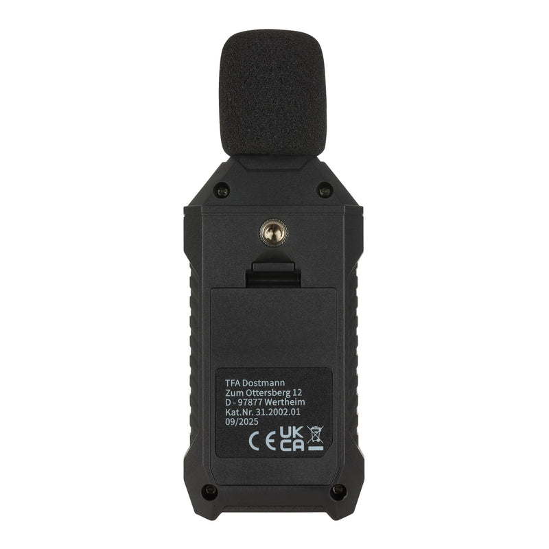 TFA Dostmann Sound Meter Digital Calibration 31.2002, 35 to 130 dBA, with Frequency Rating, Backlight, Includes Wind Protection, Storage Bag, Max. Min Function, Black