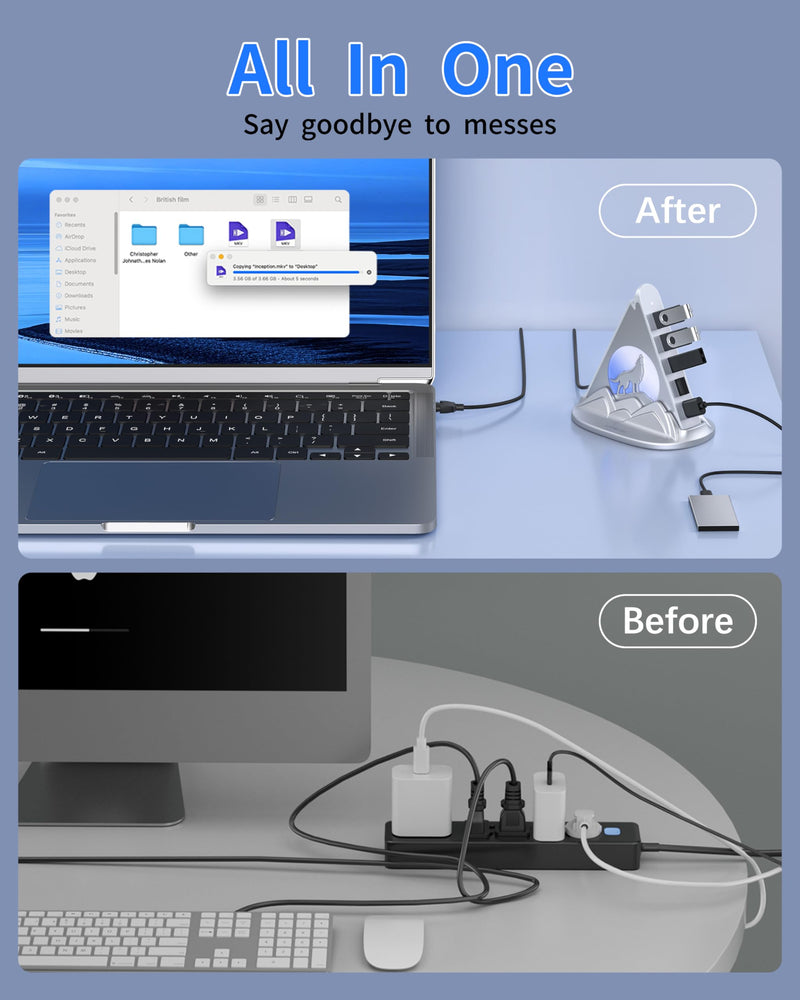 USB Hub 3.0, 7-Port USB Hub with RGB Night Light and Base, Vertical USB a Splitter for Desktop,Laptop, MacBook, Xbox, PS4/5, Game Console, Flash Drive, XPS, PC, Printer, Camera, Keyboard (Silver+Base) 2ft Silver