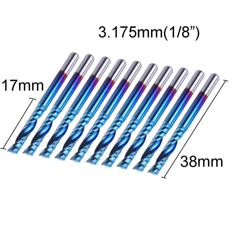 SainSmart Genmitsu 10Pcs Nano Blue Coat Flat Nose End Mill CNC Router Bits, 1/8" Shank Spiral Upcut Single 1 Flute End Mill Set (3.175 x 17 x 38mm) 3.175mm Set (1-Flute Flat Nose)