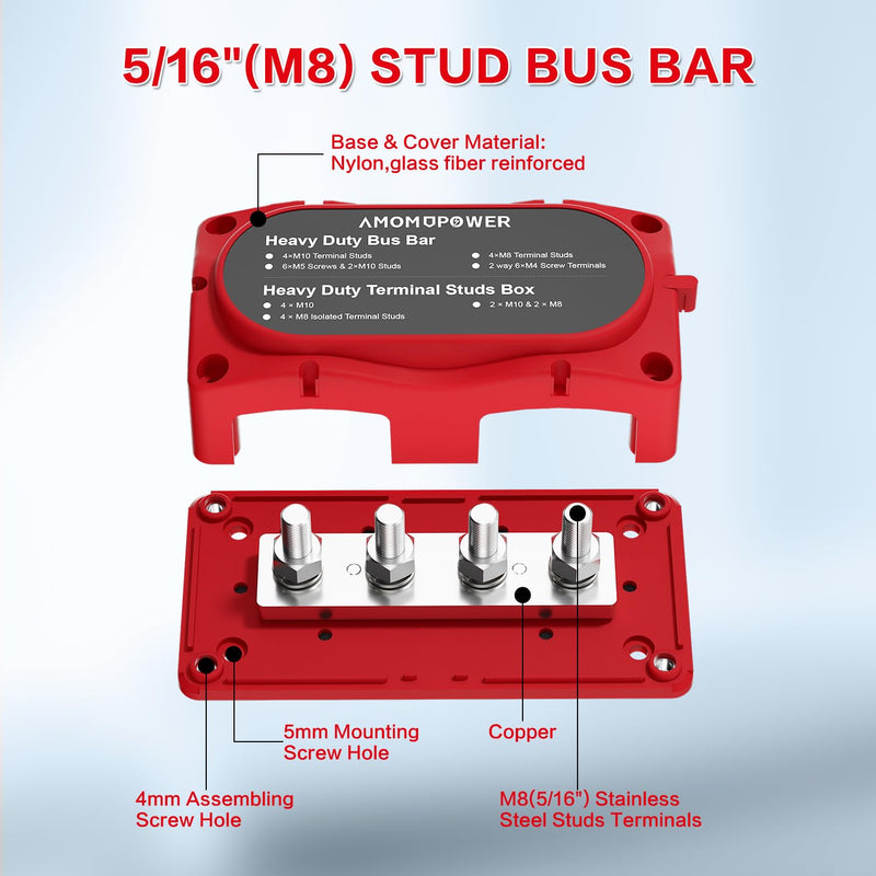 300A Bus Bar 12v Power Distribution Block 4 x 5/16"(M8) Terminal Block Heavy Duty Waterproof Buss Bar Junction Block Marine Battery Bus bar for Automotive Boat Solar System(Red) M8 Red