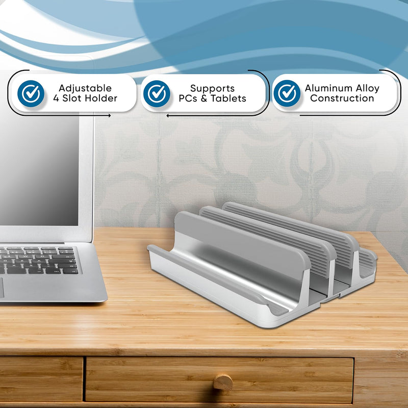Elestoria 4 Device Vertical Laptop Stand – Adjustable Desktop Dock for MacBook, Dell, HP, Lenovo, iPad, Tablets & Phones – Multiple Slot Holder (Fits Up to 17.3") – Silver