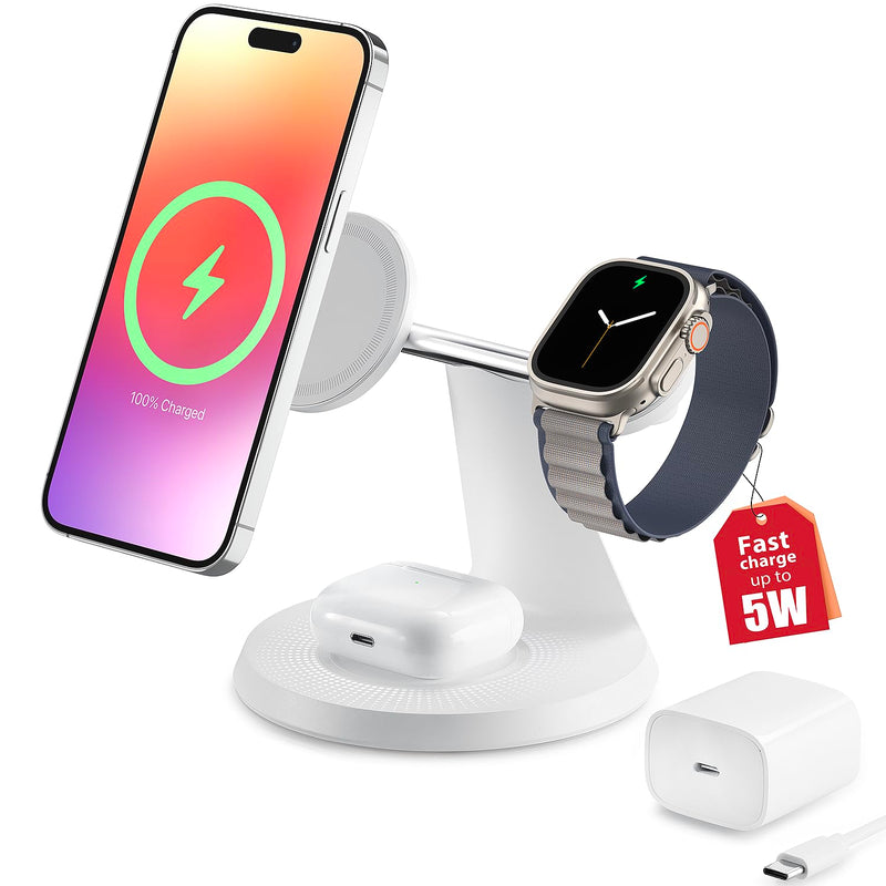 3-in-1 Wireless Charging Station for Apple: used for iPhone and Watch Charging Station with Magsafe Charger Stand, Wireless Charging Stand for iPhone15/14/13/12, Apple Watch 1-9/Ultra, AirPods 3 Pro White