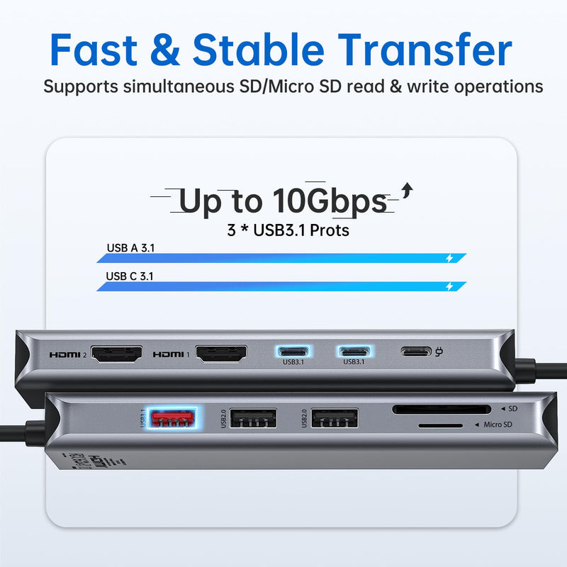 USB C Laptop Docking Station Dual Monitor Dual HDMI 4k DP Triple Display Hub 10G, 13 in 1 MOKiN USB C Hub with 3 Monitors,Displayport,USB3.1,RJ45,100W PD,Card Reader,Audio/Mic, for Dell HP Lenovo Silver