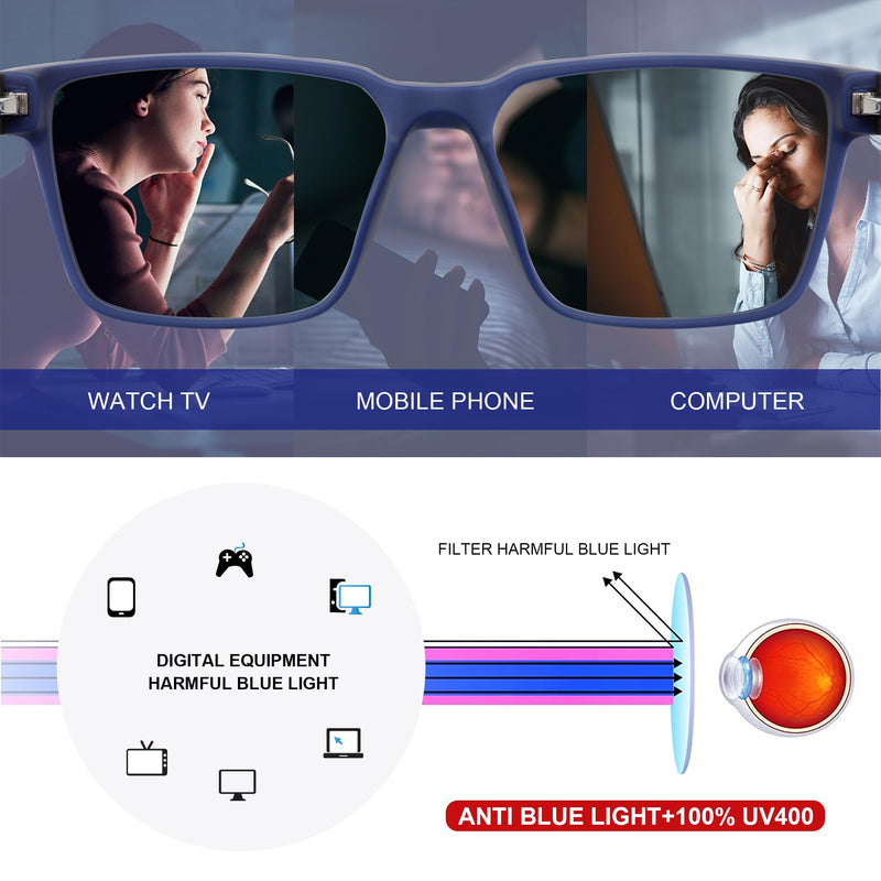 Men's Blue Light Blocking Glasses, Fake Nerd Square Frame Computer Gaming Screen Eyeglasses Anti Glare & UV RF6207 Black & Blue