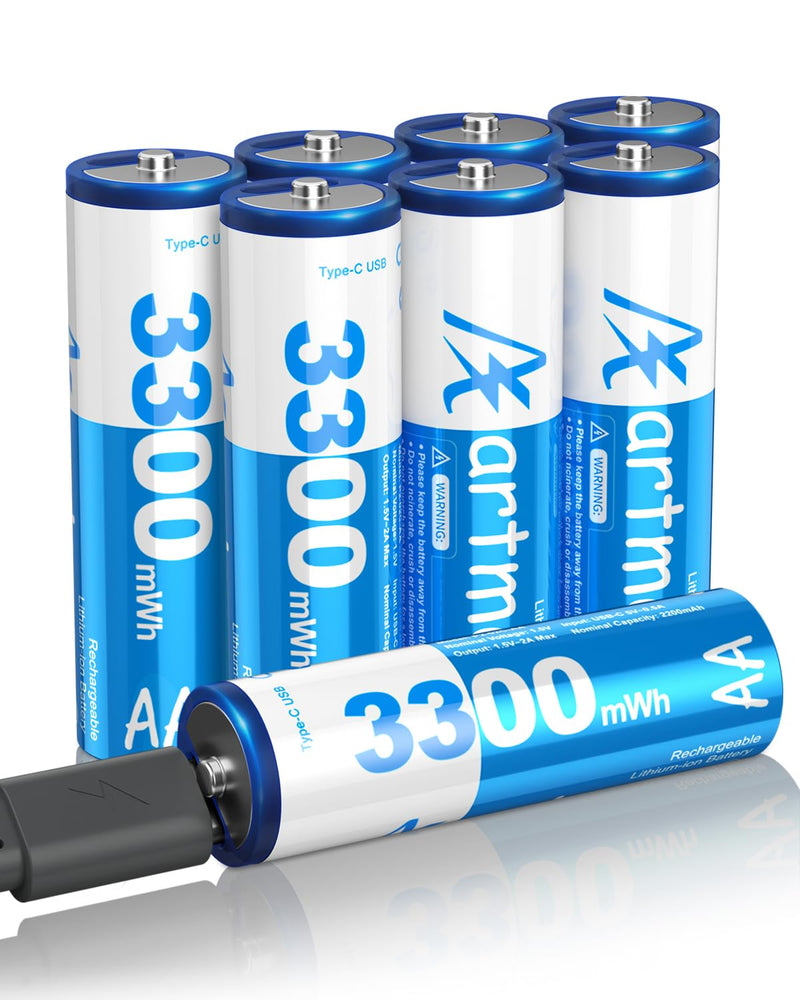 Artman USB Rechargeable AA Lithium Batteries, 1.5V Double A Batteries with 4-in-1 USB-C Charging Cable, Rechargeable Lithium AA Battery for Blink Camera, Remote Controller, Flashlight (8 Pack) 8-Pack AA Batteries USB