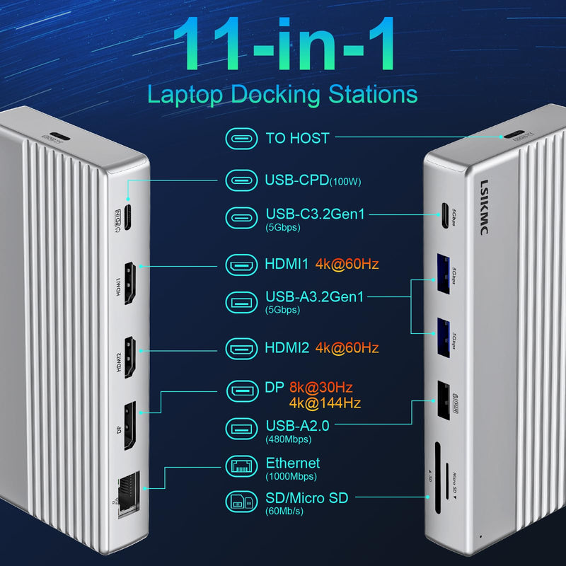 Laptop Docking Station,USB C Dock(11-in-1)with Support 4K Triple Displays,4K Dual HDMI,Single 8K DP,100W PD,4USB,Ethernet,SD Card Reader,Dual Monitor Laptop Dock Compatible with MacBook Dell/HP/Lenovo 2HDMI(4K)&DP(8k)