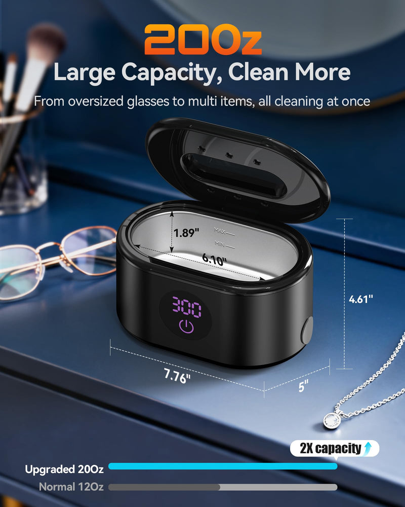 BYASKZIV Ultrasonic Jewelry Cleaner, 48KHz Ultrasonic Cleaner Machine with 20oz 304 Stainless Steel Tank, Dual Modes & LED Display - for Jewelry, Eyeglasses, Watches, Dentures, Retainers & More-Black Black