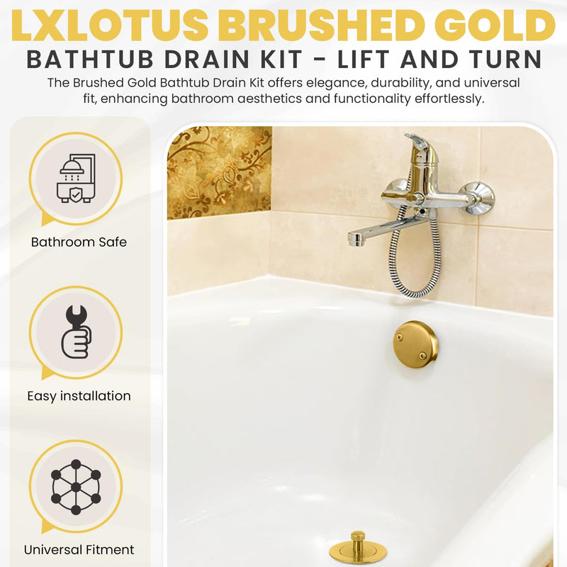 Brushed Gold Bathtub Drain - Lift and Turn - Gold/Brass Tub Drain, Overflow Drain Cover, and Tub Drain Replacement Kit - Solid Brass - Professional Grade - Fits 1-3/8" and 1-1/2" Brushed Gold