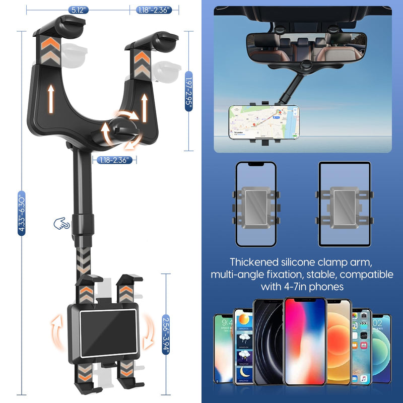 Rearview Mirror Phone Holder For Car, 2024 New Upgraded 360°Rotatable And Retractable Multifunctional Rear View Mirror Phone Holder, Universal Mount, Car Phone Holder Fit For All Phone and Car, blue black