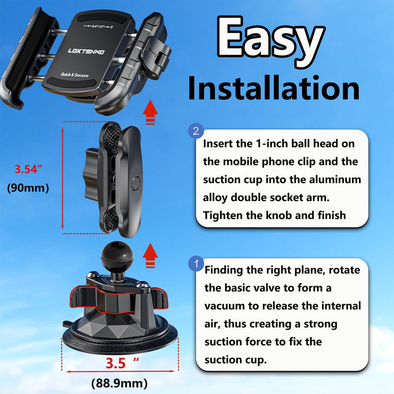 Car Phone Holder Mount with Vibration Dampener & Twist-Lock Suction Cup Base, [Camera Friendly] [1s Lock & Release] with Metal Medium Arm for Vehicle Windshields, Fit 5.4''-7.2'' Smartphones