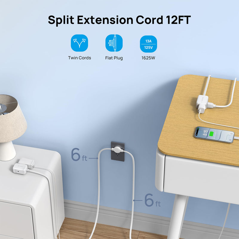 TROND Split Extension Cord with Surge Protection, Twin 6ft Each Side, White | Flat Plug For Tight Spaces, Low-Profile Outlet Extender, 3 AC, 900J, 1625W, Hide Behind the Middle of Sofa Couch Bed TV Stand 6 FT