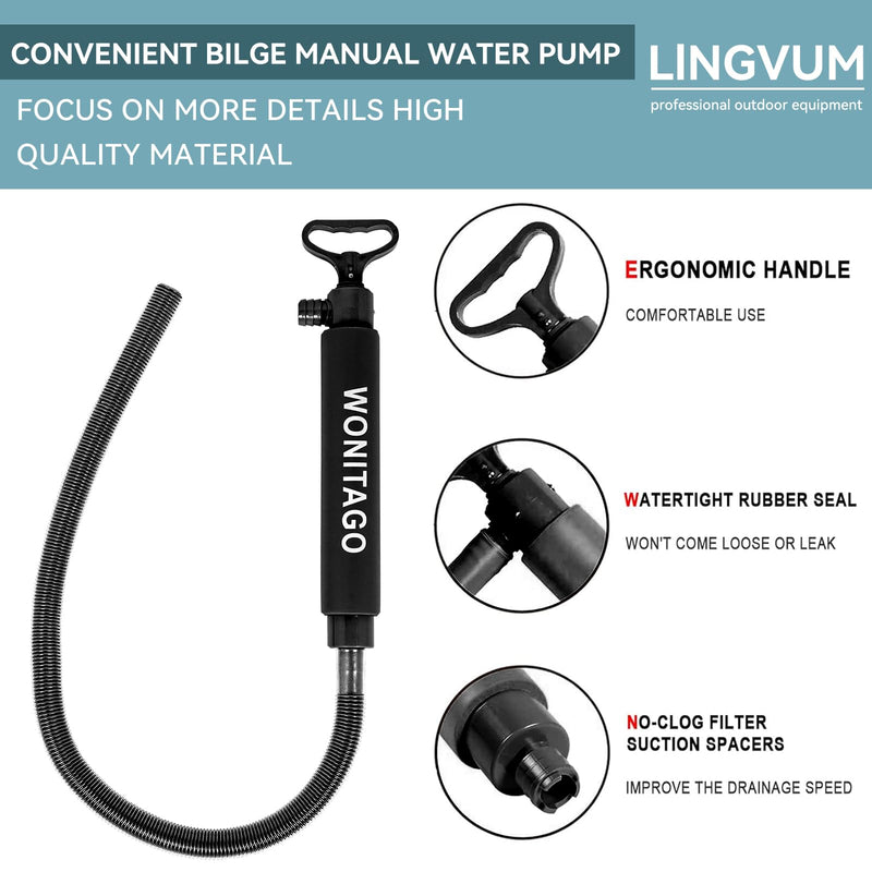 Manual Bilge Pump for Kayak, Canoe and Boat, 19.7" Portable Siphon Hand Water Pump for Kayaks with Reversible Hose, Full Black Large (19.7 inch)