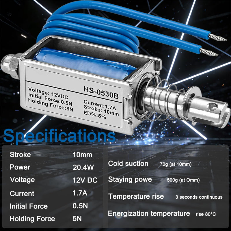 Pack of 2 12 V DC Electromagnet (Push Pull) for HS-0530B, 1.7A, 10 mm stroke, 5N, 0.5N, 5%, 20.4W, Open Design, Linear Drive with CH2 Connection for Mechanical Household Appliances