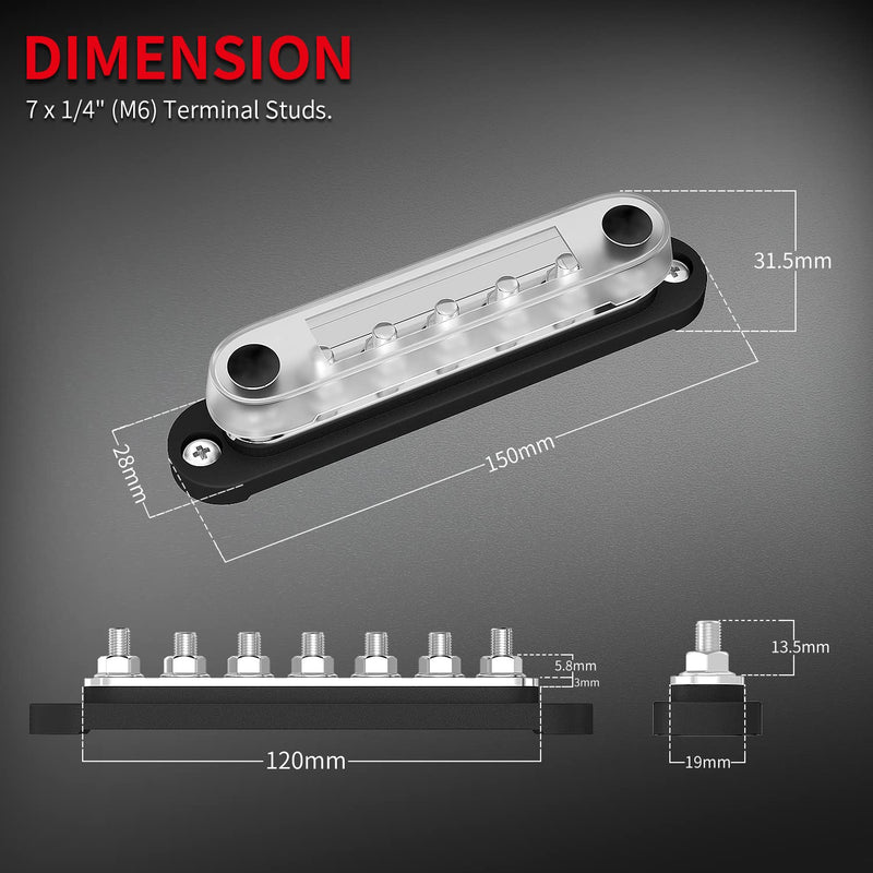 DAIERTEK Battery Bus Bar 12V Marine 7 x 1/4" (M6) Power Distribution Block with Cover 12V - 48V Positive & Negative Busbar Terminal Block for Automotive Car Boat 150A-T7M6