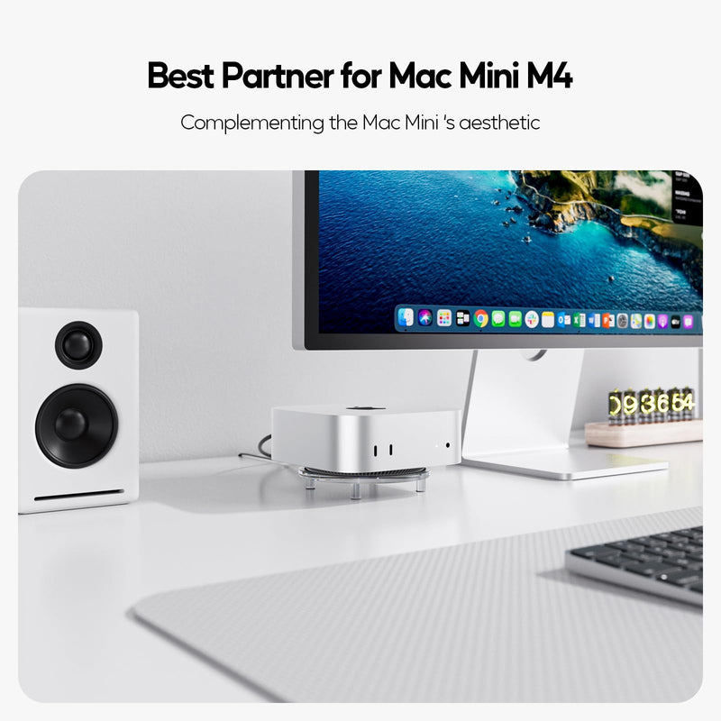 Clear Acrylic Desk Stand for Mac Mini M4/M4 Pro 2024, Minimalist M4 Holder with Easy Power Button Access, Anti-Slip Base & Heat Dissipation, Compact Space-Saving Design for Mac Mini 2024 Model Transparent
