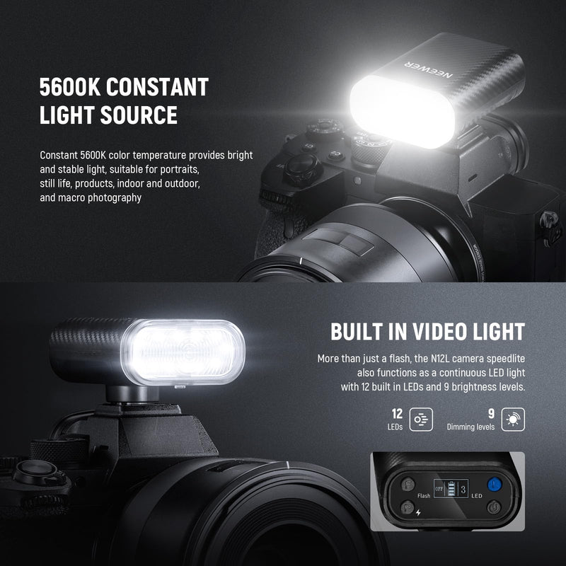 NEEWER BASICS Mini Camera Flash with LED Video Fill Light/LCD Display/800mAh, Compatible with Canon Fujifilm Sony Nikon DSLR Standard Hot Shoe Cameras for Studio Photography Photoshoots Lighting, N12L