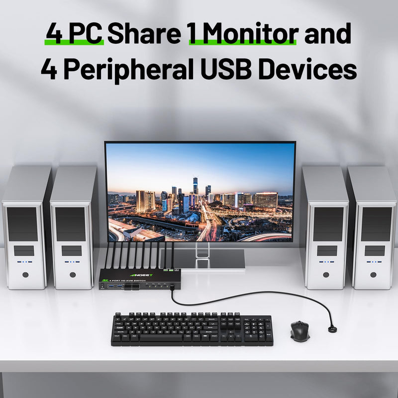 4 Port HDMI KVM Switch 4K@60Hz, Simulation EDID, ANGEET USB3.0 KVM Switches for 4 Computers Share 1 Monitor and Keyboard Mouse Printer, with Wired Remote,12V Power Adapter and 5 Cables KVM 1 Monitor 4 PC