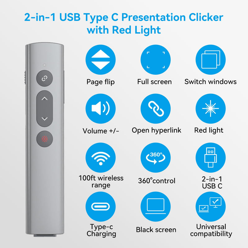 Presentation Clickers for PowerPoint Presentations, [Aluminum Alloy] + [2 in 1 USB C/A] PowerPoint Clicker with Laser Pointer Wireless Presenter PPT Slide Remote Control Computer Clicker for Mac Red Light