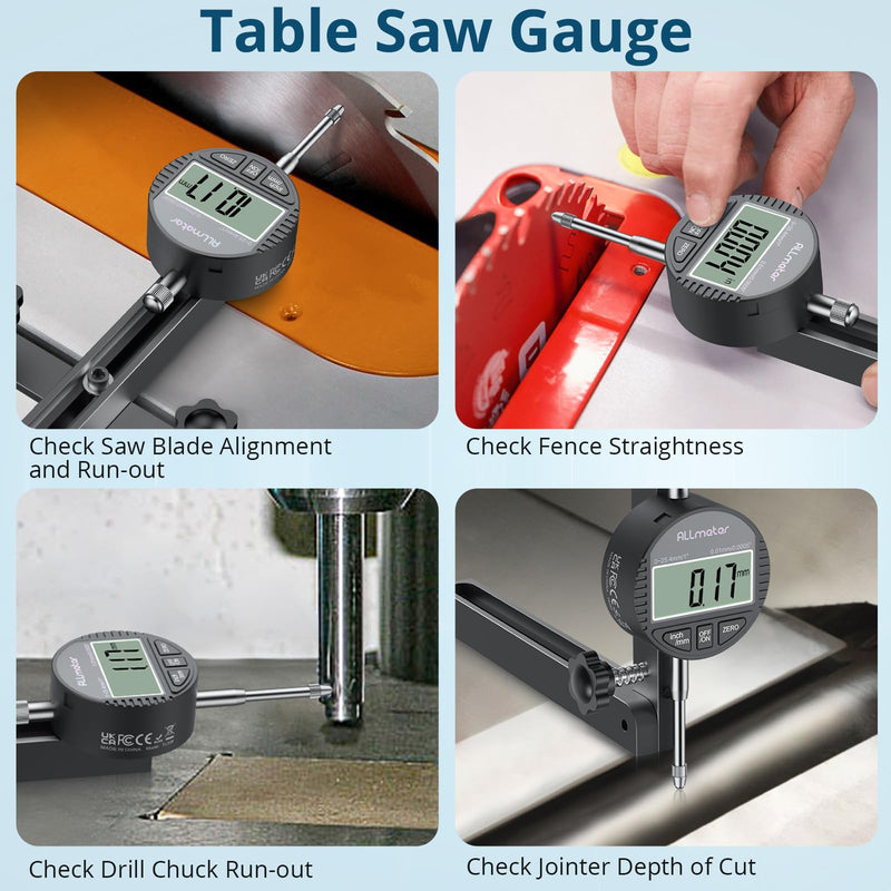 Digital Table Saw Gauge | Straight-Through Chute Design | 0.01mm Precision Dial Indicator | 3/4"(19mm) Aluminum Bar | for Blade/Fence/Arbor Alignment | Fits Saws with ≥3/4" Miter Slots Black 0~1 inch straight through