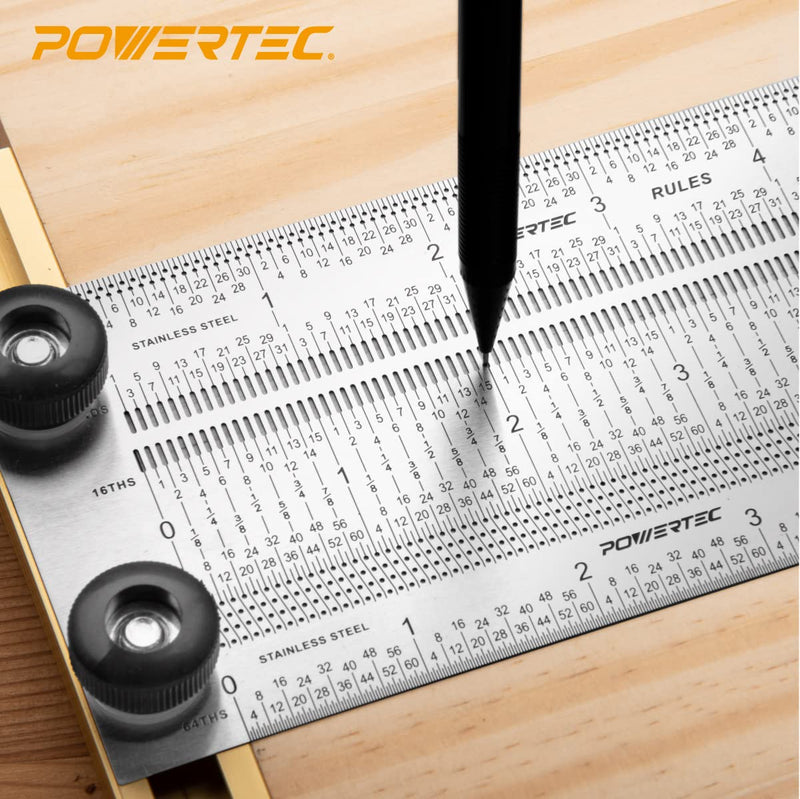 POWERTEC 6'' Precision Marking T-Square, T Rule w/Pencil for Measuring, Scribing, Setting Up Bits Height, Stainless Steel Woodworking & Crafting Marking Tools for Drill Press, Table Saw 80027 6" T Square