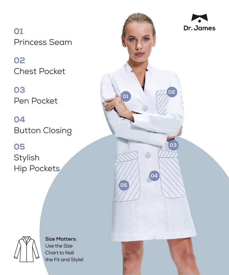 Dr. James Tailored Lab Coat for Women, Multiple Pockets, Fold Back Cuff, Tailored, Classic Button Closing, 35" Length 6 (S)