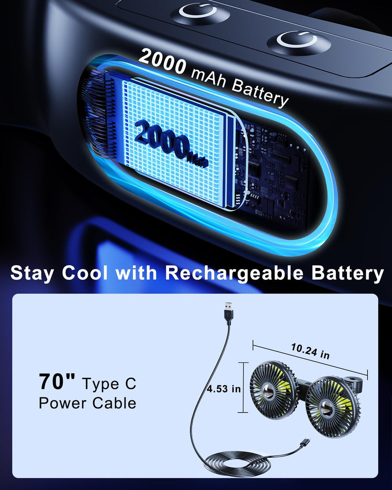 Battery Fan for Car Backseat, 360°Rotatable Car Fan for Back Seat Kids, [Comes with Car Charger&USB C Cable*1] 3 Speeds Separate Control Rechargeable Fan for Car Seat Fit for Vehicles SUV RV 2000mAh