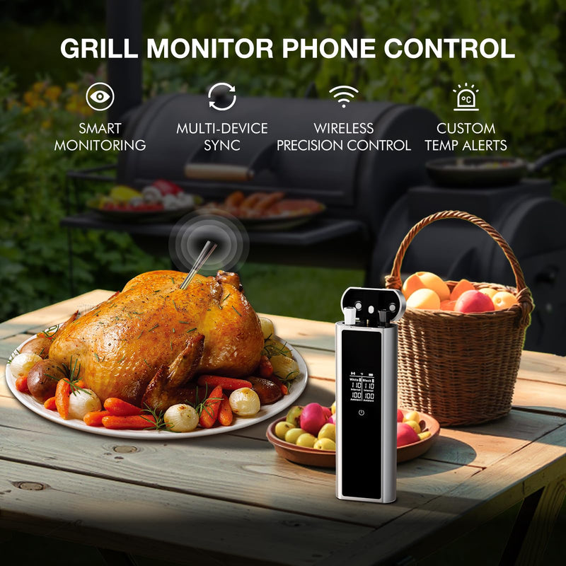 Digital Meat Thermometer Wireless - Smart BT Auto Pairing Food Temperature Thermometer with Dual Wireless Meat Probe for Grill & Oven, Precise Cooking, BBQ
