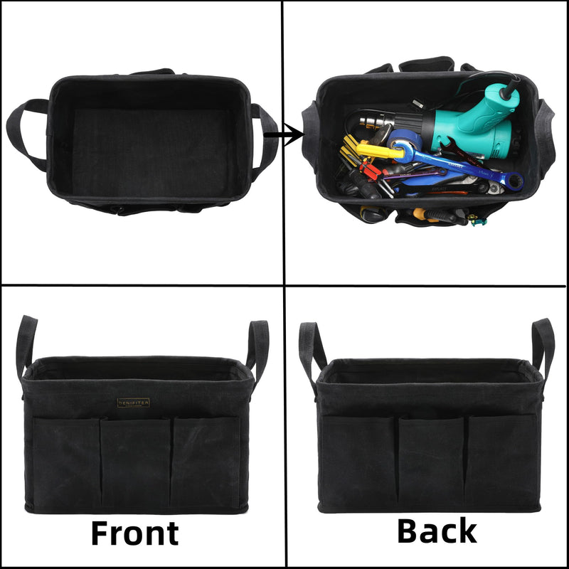 Storage Tool Case, 13.8 x 7.8 x 7.8 Inches, Rectangular Waxed Canvas Fabric Collapsible Tool Bag with Handles for Tools,Wrench Set,Screwdrivers (Black) Black-Single