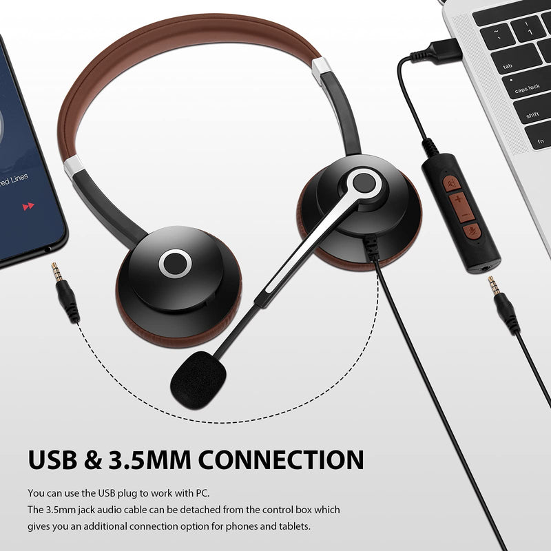 Arama USB Headset with Microphone Noise Cancelling & in-line Call Controls, Ultra Comfort 3.5mm Wired Headset for Cell Phone, Computer Headset with Mute for PC Laptop Skype Webinar Home Office Brown
