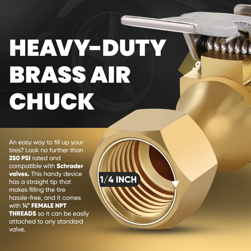 Tire Air Chuck Quick Connect - Open Flow Heavy-Duty Locking Air Chucks for Tires - 250 PSI Rated Brass Air Compressor Tire Inflator Attachment, 1/4'' Female NPT Thread Fits Most Air Hoses - 2 Pack