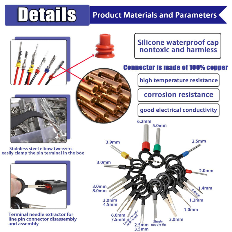 230Pcs Pin Connector Kit Car Electrical Wire Terminal Tool kit 1/1.5/1.8/2.2/2.8/3.5mm Connector Pins Terminal Removal Male Female Crimp Pins Non-Insulated Plug