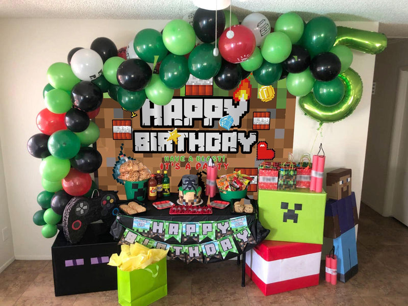 Pixel Happy Birthday Backdrop Video Game Themed Party Photography Background Kids Boy Birthday Video Gaming Battle Gamer Party Supplies Cake Table Decor Banner (7X5FT) 7X5FT