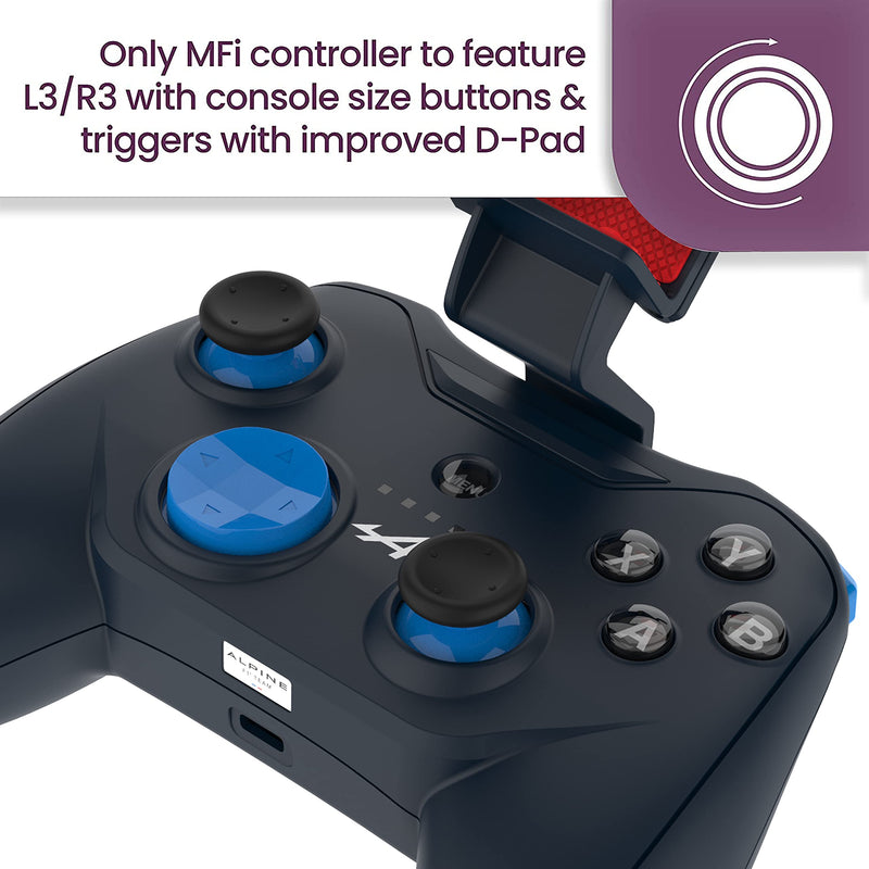 Mfi Certified Gamepad Controller for iOS iPhone – Licensed Alpine F1 Edition - Wired with L3 + R3 Buttons, Power Pass Through Charging, 8 Way D-Pad, and redesigned ZeroG Mobile Device