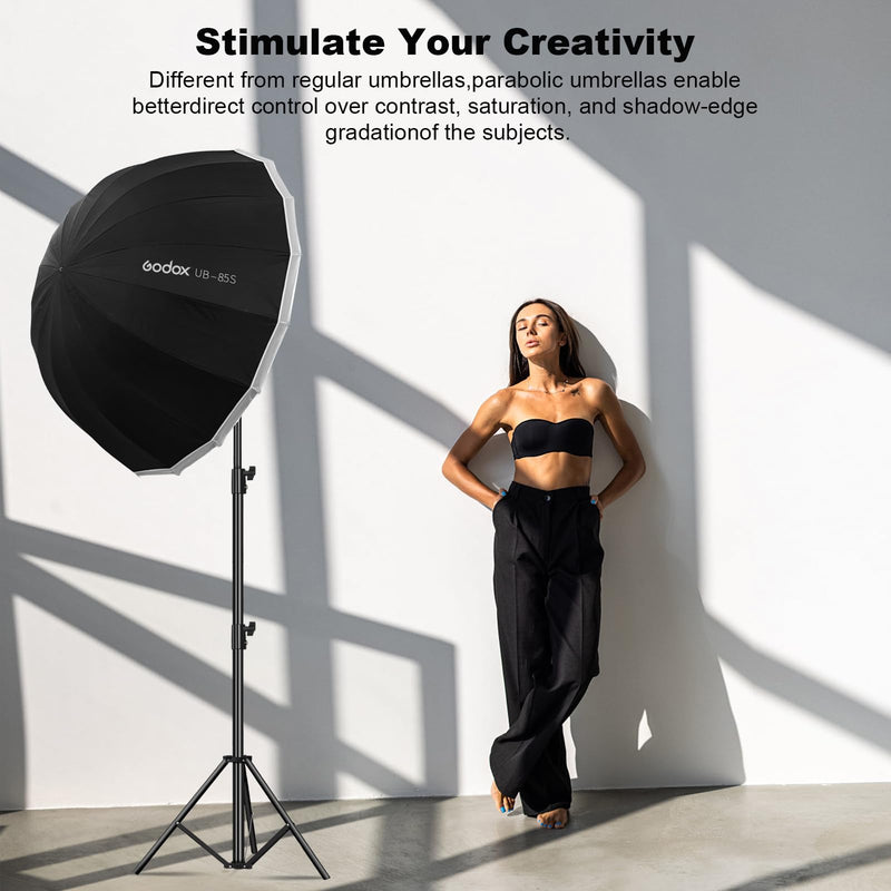 Godox UB-85S 33.5in/85cm Parabolic Reflective Umbrella, Black Silver Photography Umbrella with Carry Bag Portable for Vedio Studio Shooting Speedlite