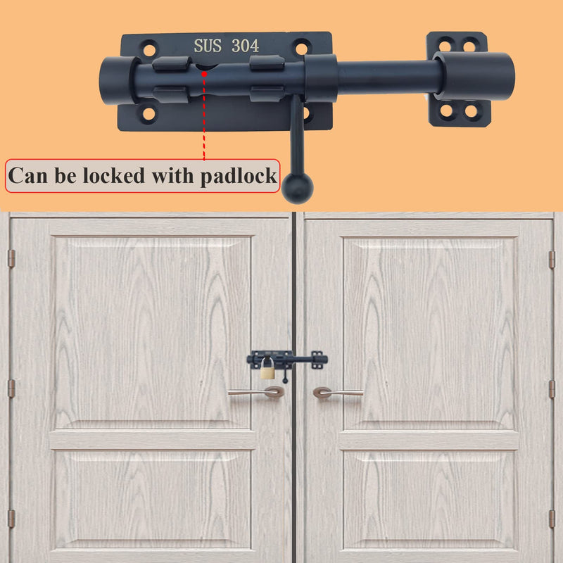 8in Slide Bolt Gate Latch 304 Stainless Steel Barrel Bolt Latch Heavy Duty Door Security Lock Thickened Door Latches Hardware with Mounting Screws for Barn Fence Shed Basement 8in Black