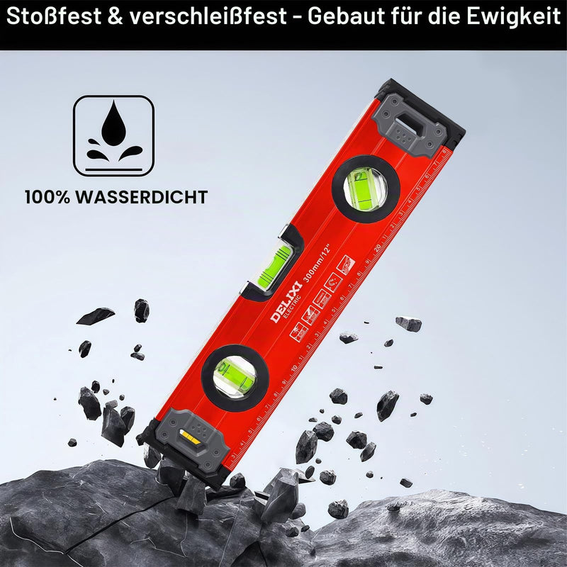 Flintronic 30 cm Spirit Level, Small and Magnetic, Lightweight Aluminum Profile, with Three Levels, 45°/90°/180°, Red 30cm