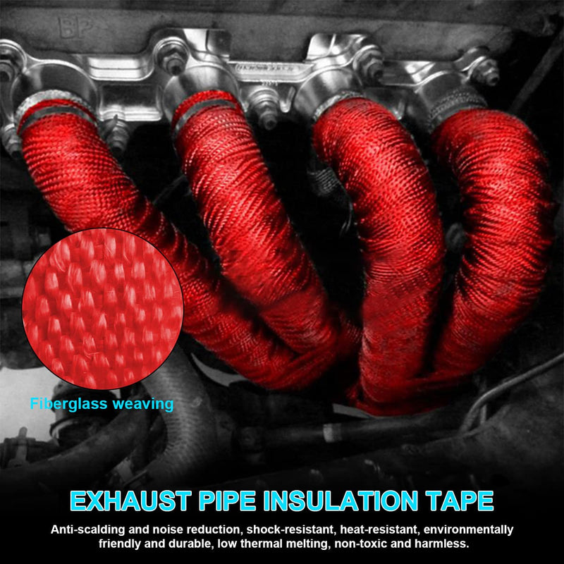 Auto Exhaust Wrap for Motorcycle, 16FT Titanium Fiberglass Hose Heat Shield Roll Sleeve with 4PCS Stainless Ties, Universal for Car Wire Loom Brake Line Cable Protection (Red) Red