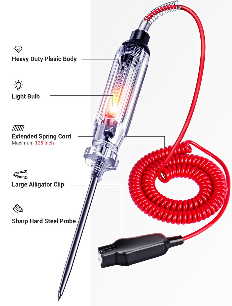 Heavy Duty Automotive Circuit Tester, Premium 6-24V Test Light with Extended Spring Test Leads & Sharp Piercing Probe, Circuit Voltage Tester with Replacement Indicator Light for Car/Vehicles 1-Pack