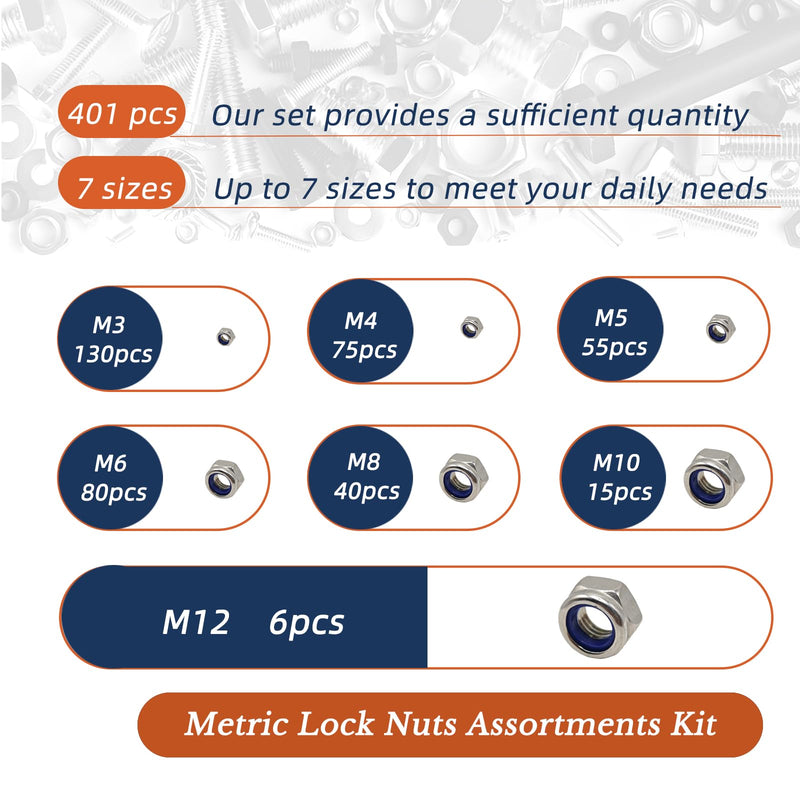 401pcs Metric Nylon Insert Lock Nuts Assortment Set DIN 985 304 Stainless Steel Nylon Locknuts Hex Locknuts Kit with Box M3 to M12 Reusable Anti-Loose Corrosion-Resistant for RC Car DIY 401pcs Assortment Set
